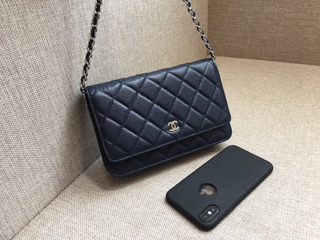 Caviar Leather Wallet On Chain Shoulder Bag A33814 Dark Blue/Silver